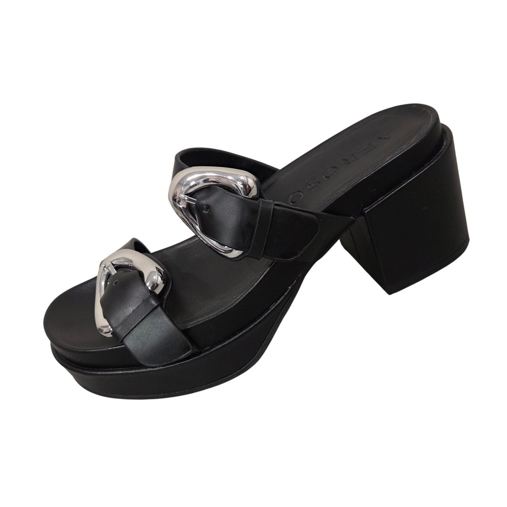 Aerosoles Chance Womens 8.5 Black Leather Platform Sandals Chunky Buckle Heel